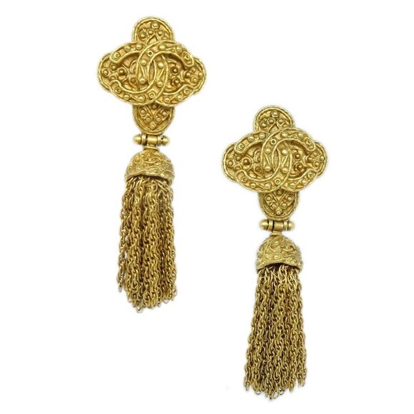 Chanel Fringe Dangle Earrings Clip-On Gold 94A - Picture 1 of 4
